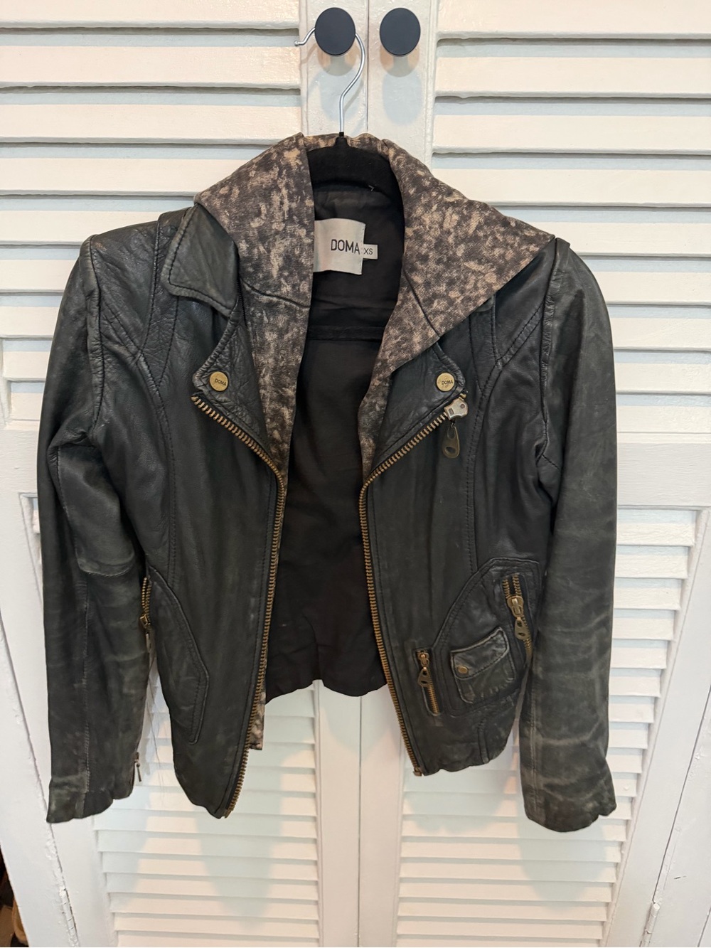 Doma Black Distressed Leather Moto Jacket with Patterned Hood